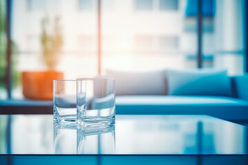 Empty glass table in front of blurred kitchen interior background. Product placement background for mockups.