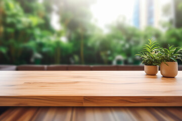 Empty wooden table in front of blurred terrace interior background. Product placement background for mockups.