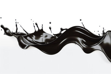 Black color wave splash with splatters and drops on solid color white background.