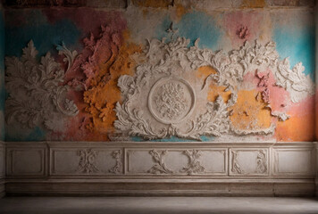 A wall with a colorful design and a white circle in the middle