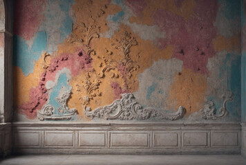 The wall is painted in a variety of colors, including pink, yellow, and blue