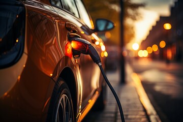 Naklejka premium Power supply for electric car charging battery. Eco car concept.