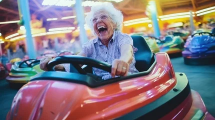 Cercles muraux Parc dattractions Elderly woman driving a bumper car at the funfair Generative AI