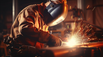 Worker or welder in metallurgical industry performing welding in suit and mask - obrazy, fototapety, plakaty