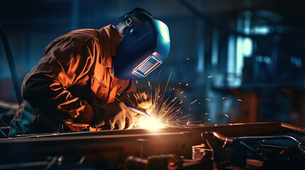 Worker or welder in metallurgical industry performing welding in suit and mask