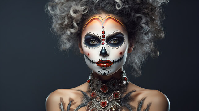 Beautiful Mexican woman with festive make-up, flowers and a skull for the day of the dead. mexican day of the dead on dark background