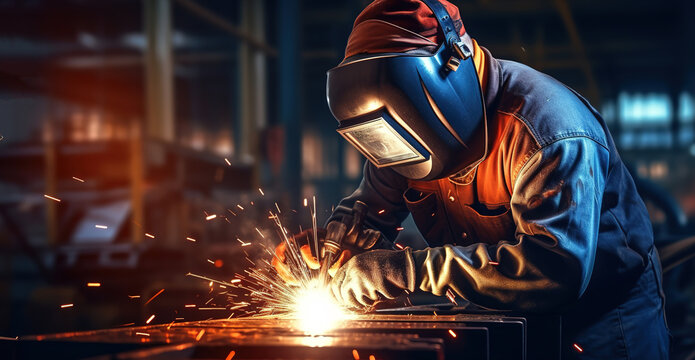 Worker or welder in metallurgical industry performing welding in suit and mask