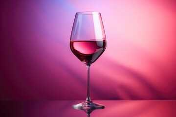 Red wine in a glass on dark pink and black neon background. Wineglasses. Romantic drink for party, wine shop or wine tasting concept. Hard light. Copy space