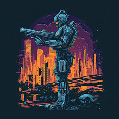 a robot holding a gun in front of a city, cyberpunk art. retrofuturism, synthwave, retrowave, futuristic style drawing.