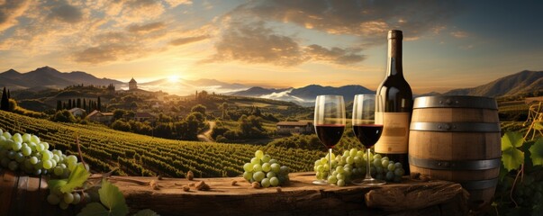 Banner with two glass of fresh chilled ice red or rose wine with grapes, bottle and barrel on a sunny background. Italy vineyard on sunset. Drink for party, wine shop or wine tasting concept with copy - obrazy, fototapety, plakaty