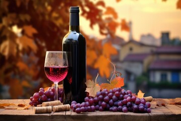 Glass of fresh chilled ice red or rose wine with grapes and bottle on a sunny background. Italy...