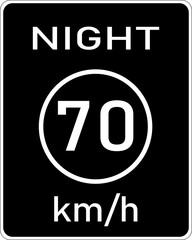 Vector graphic of a usa kph Night Speed Limit highway sign. It consists of the wording Night and the speed limit in a circle in a black rectangle