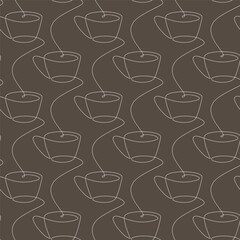 Line continuous seamless pattern vector. Coffee cup icon background. Cartoon linear mug backdrop. Outline hot drink doodle illustration. Kitchen wallpaper, print, graphic design, card, banner.