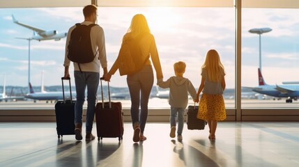 Happy family ready to their journey. Airport terminal. Generative AI - obrazy, fototapety, plakaty