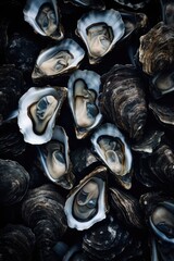 Creative flat lay pattern with Fresh oysters on black stone background with ice. Closeup open oyster. Seafood market or restaurant concept. French delicacy. Aphrodisiac mollusk
