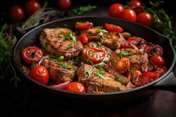 Skillet with cooked pork chops, cherry tomatoes, and herbs on a wooden table.