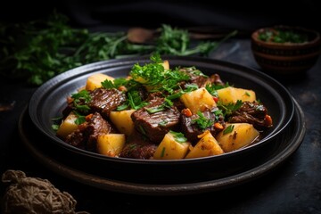 Potato stew with smoked pork meat garnished with fresh herbs.