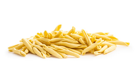Fusilli pugliesi. Italian twisted pasta isolated on white background.