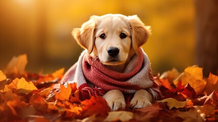 a cute and happy pet dog puppy sitting on a blanket amidst autumn leaves. The golden hues of fall create a warm and inviting backdrop for this adorable scene.