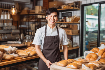 Young asian male home baked goods seller standing in his shop.