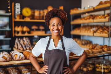 Fototapeta na wymiar Young black female home baked goods seller standing in her shop.