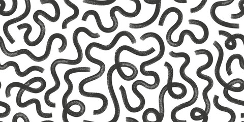 Hand drawn wavy maze seamless pattern. Brush curly black lines for background