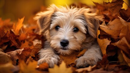 a cute and happy pet dog puppy sitting on a blanket amidst autumn leaves. The golden hues of fall create a warm and inviting backdrop for this adorable scene.