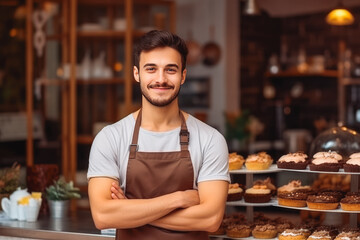 Young caucasian male home baked goods seller standing in his shop. - obrazy, fototapety, plakaty