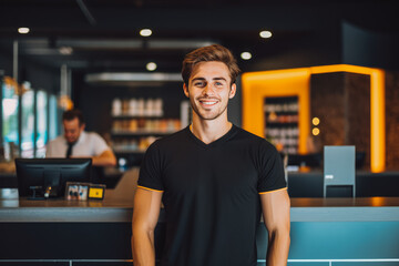 Young male gym owner standing behind reception desk.