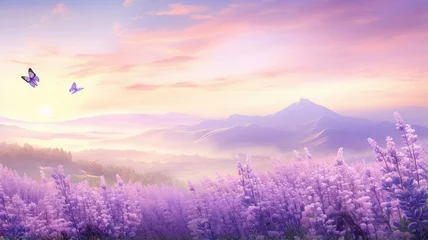 Foto op Canvas a panoramic view of a lavender field in full bloom, with butterflies gracefully fluttering amidst the fragrant lavender blossoms. The scene exudes the tranquility and beauty of a lavender garden. © lililia