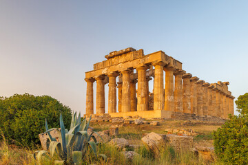 Temple of Hera in Selinunte at sunset. The archaeological site at Sicily, Italy, Europe.