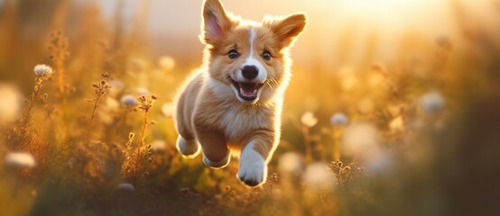 Banner with cute small welsh corgi pembroke puppy  running outdoor in autumn field. Happy smiling dog. Funny pet