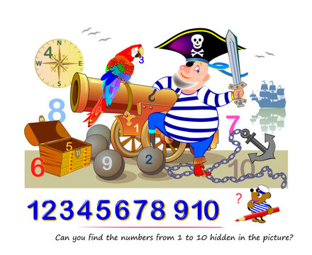 Logic puzzle game. Math education for young children. Can you find the numbers from 1 to 10 hidden in the picture? Developing counting skills. IQ test. Play online. Printable worksheet for kids.