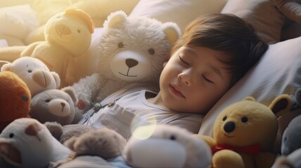 a sleeping child on a bed, surrounded by cuddly soft toys, in a light-colored, serene interior. The scene radiates the innocence and tranquility of childhood.