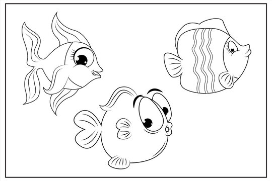 recommend clip art: Black and white page for baby coloring book. Illustration of cute fishes . Printable for kids. Fish  coloring pages. Hand-drawn vector image.