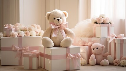 a beautifully arranged stack of baby diapers on a table, accompanied by an adorable toy teddy bear. The scene is set with delicate touches for both boys and girls, offering a charming backdrop