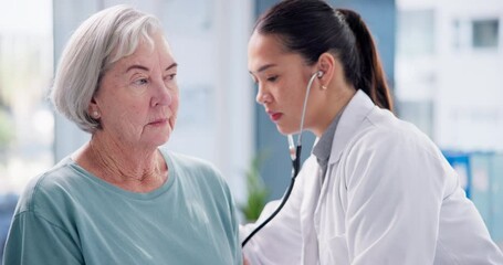 Doctor, senior woman and breathe with stethoscope for listening to patient heartbeat, healthcare consultation and cardiology test in clinic. Medical worker, lungs and breathing assessment in hospital