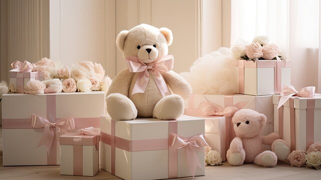 a beautifully arranged stack of baby diapers on a table, accompanied by an adorable toy teddy bear. The scene is set with delicate touches for both boys and girls, offering a charming backdrop