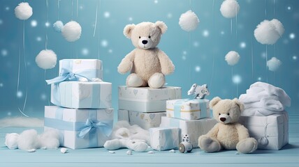 a beautifully arranged stack of baby diapers on a table, accompanied by an adorable toy teddy bear. The scene is set with delicate touches for both boys and girls, offering a charming backdrop