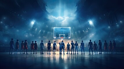 the intense moment of a basketball player soaring through the air, about to execute a powerful slam dunk, with the court arena in the background.