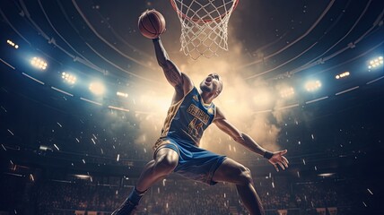 Obraz premium the intense moment of a basketball player soaring through the air, about to execute a powerful slam dunk, with the court arena in the background.