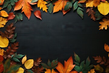 Autumn frame with dry colorful leaves. Thanksgiving and Harvest day trendy dark background with beautiful leaves. Fall leaf border with copy space