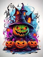 Colorful Witch Face Pumpkin Graffiti Illustration Halloween Pumpkin Tshirt Design Cute Wicked Evil Pumpkins Witch Pumpkin Graffiti Art AI Generative