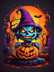 Colorful Witch Face Pumpkin Graffiti Illustration Halloween Pumpkin Tshirt Design Cute Wicked Evil Pumpkins Witch Pumpkin Graffiti Art AI Generative