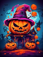 Colorful Witch Face Pumpkin Graffiti Illustration Halloween Pumpkin Tshirt Design Cute Wicked Evil Pumpkins Witch Pumpkin Graffiti Art AI Generative