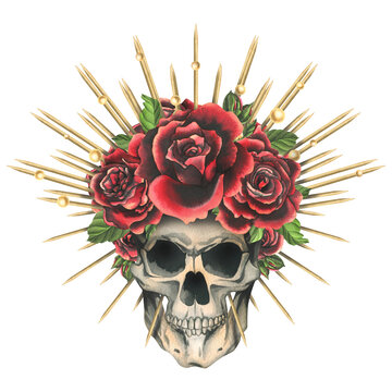 Human skull with red flowers rose in a golden crown with thorns, rays. Hand drawn watercolor illustration for day of the dead, halloween, Dia de los muertos. Isolated object on a white background.