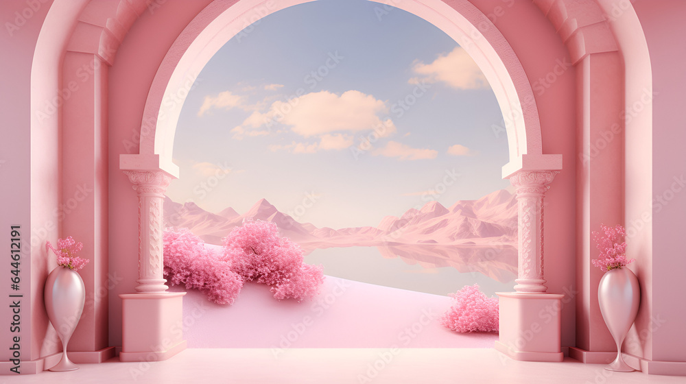 Poster 3d illustration of an archway, in the style of pastel-colored landscapes, surrealist pop, trompe l'o