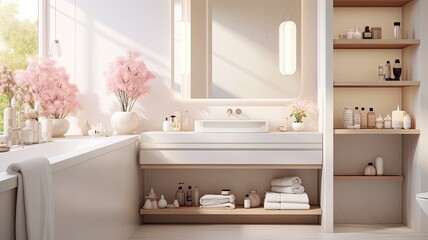 Fototapeta na wymiar a soap dispenser, spa towel, and other bathroom accessories meticulously arranged on a pristine pastel countertop within a minimalist, white bathroom. The scene exudes the tranquility of a spa retreat