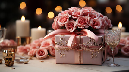 beautiful wedding decor with flowers and gift boxes on wooden table