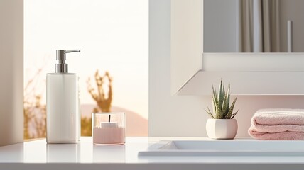 Fototapeta premium a soap dispenser, spa towel, and other bathroom accessories meticulously arranged on a pristine pastel countertop within a minimalist, white bathroom. The scene exudes the tranquility of a spa retreat